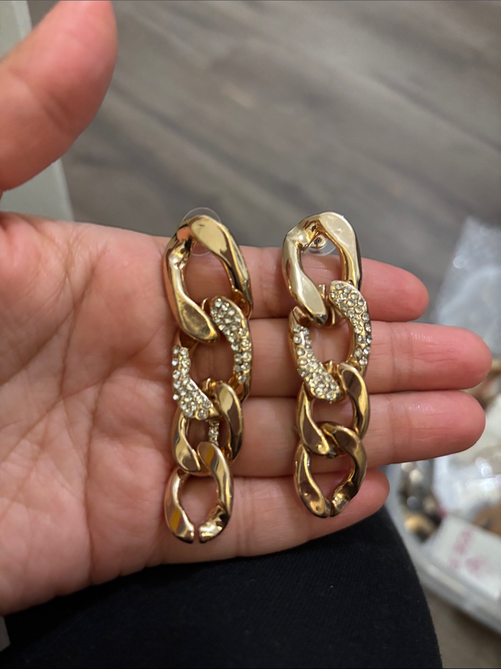 Gold Chain-Link Drop Earrings with Crystal Accents